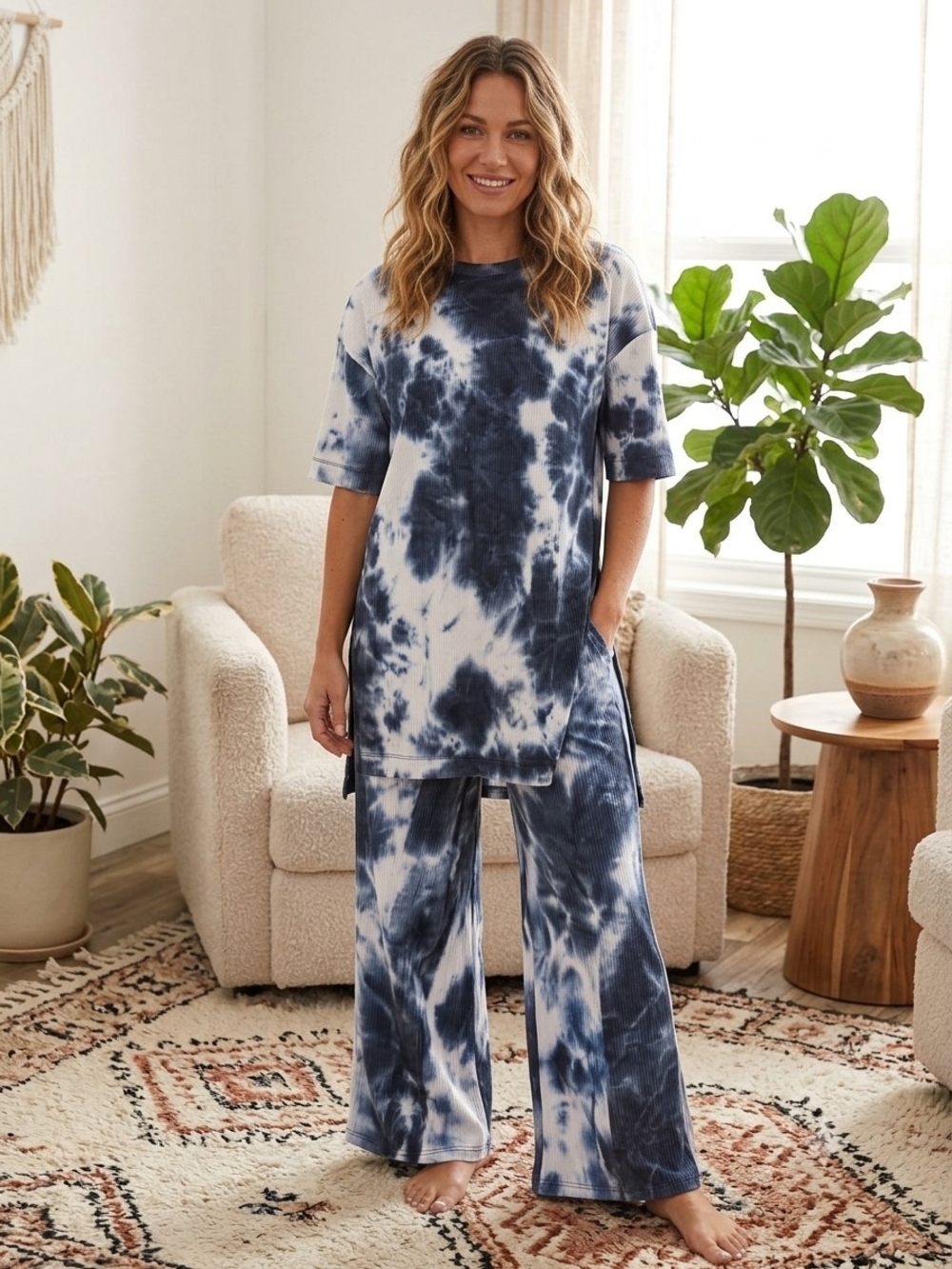 2-Piece Blue & White Tie-Dye Ribbed Lounge Set | Oversized Top & Wide-Leg Pants